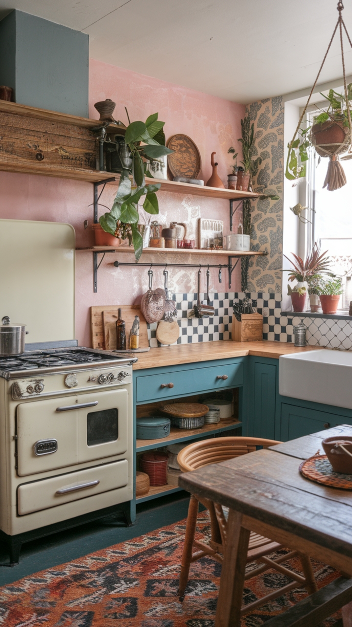 Bohemian Kitchen Charm: Vintage Meets Modern in a Textured, Patterned Paradise
