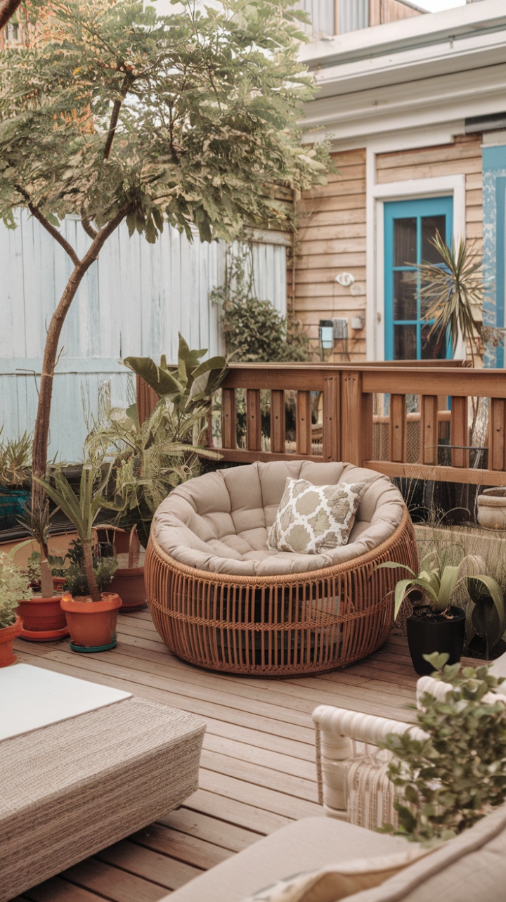 Charming Bohemian Patio with a Statement Rattan Chair