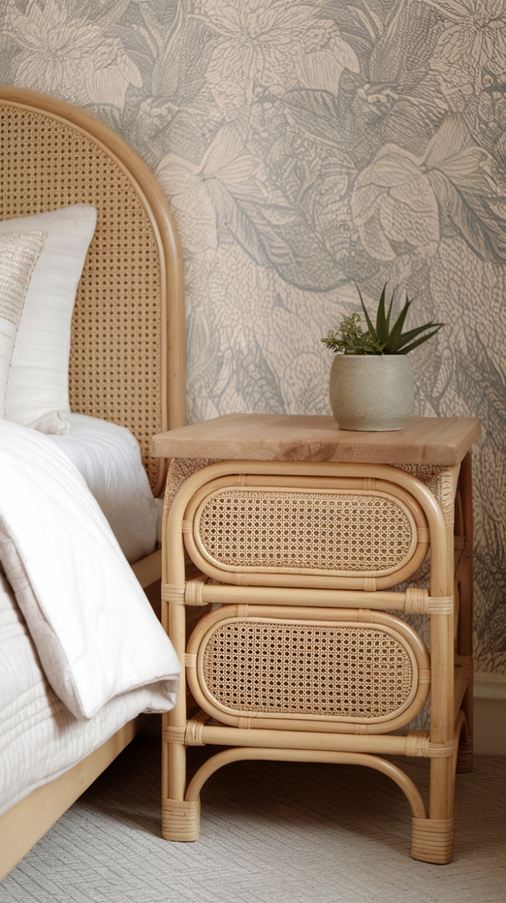 Charming Bedroom Retreat with Rattan and Floral Flair