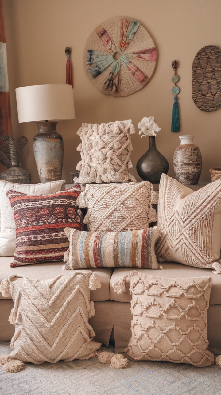 Boho Bliss: Elevate Your Neutral Sofa with Vibrant Pillows
