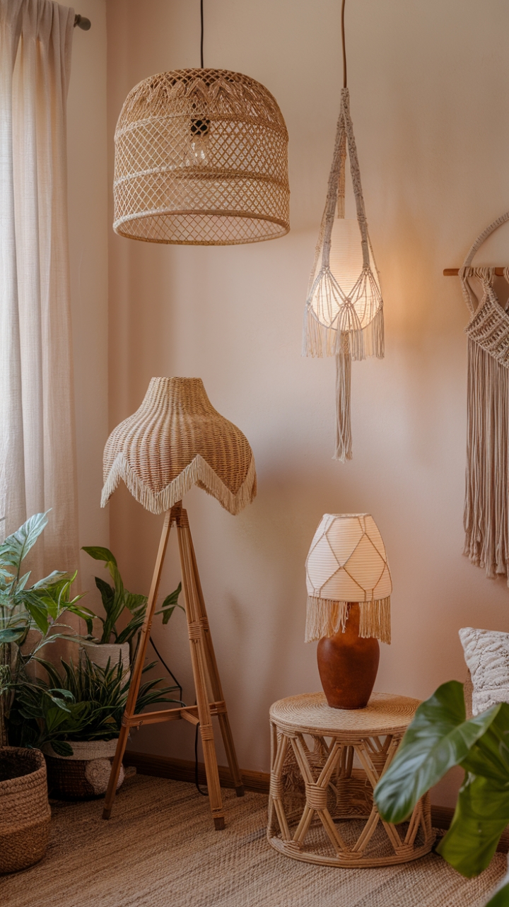 Bohemian Bliss: A Cozy Sanctuary of Unique Lamps and Lush Greenery