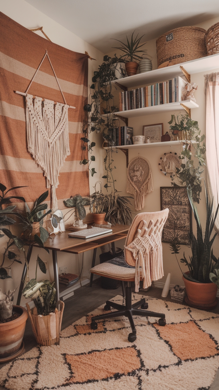 Boho-Chic Workspace: A Verdant, Vintage Sanctuary for Creative Inspiration
