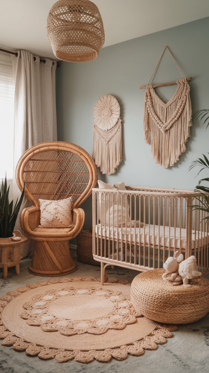 Bohemian Nursery Bliss: A Serene Blue Retreat for Your Little Trendsetter