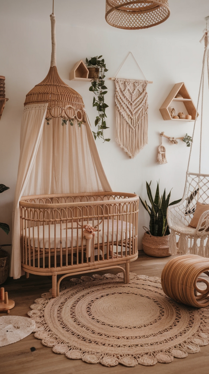 Bohemian Nursery with Earthy Vibes and Chic Rattan Canopy