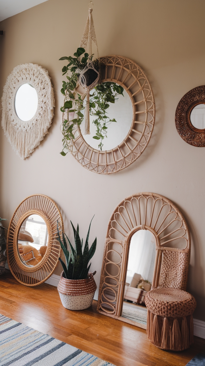 Boho Charm: Rattan Mirror and Macrame Accent Elevate Your Space