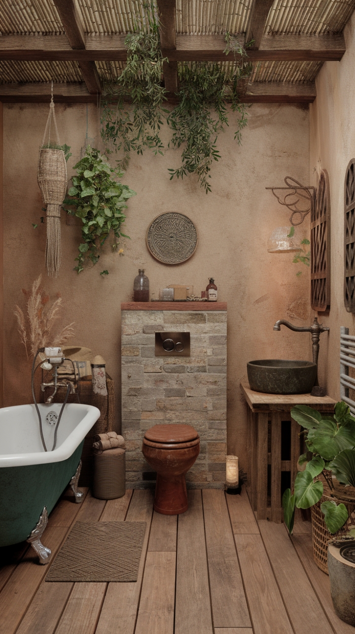 Bohemian Charm Meets Farmhouse Elegance in a Lush Bathroom Retreat