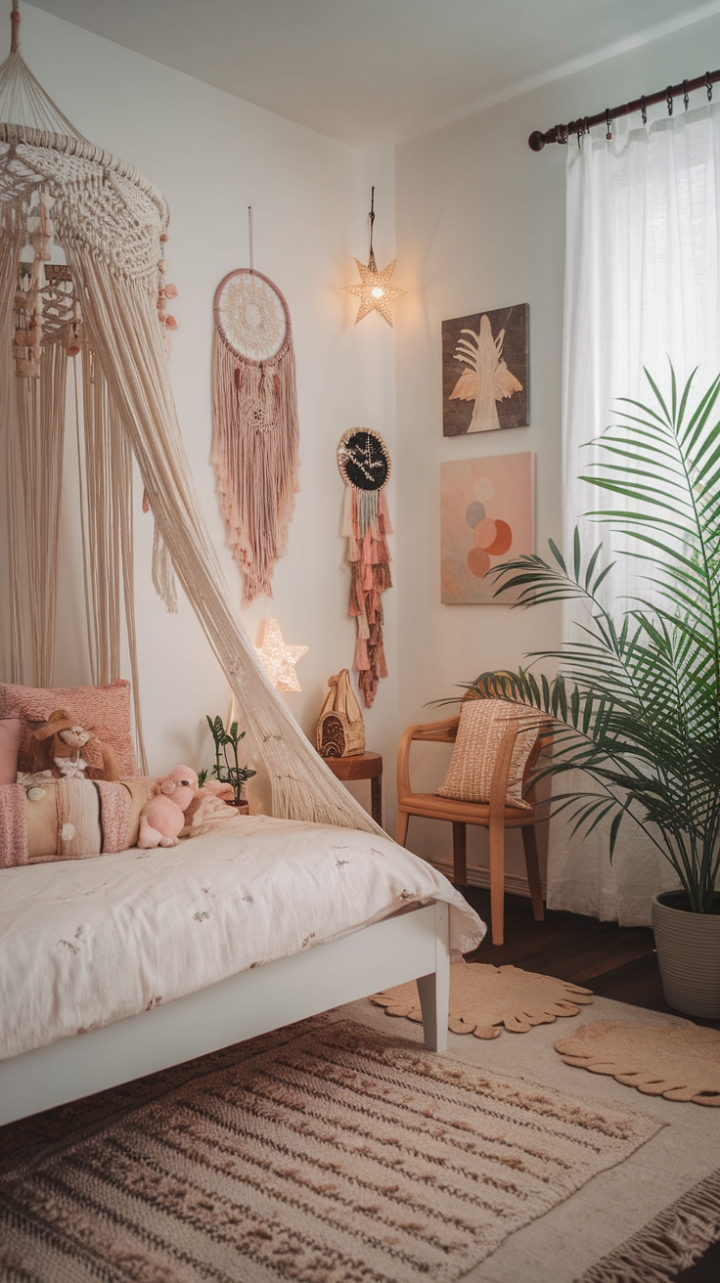 Create Your Bohemian Oasis: A Relaxing Retreat with Macrame Canopy and Whimsical Decor