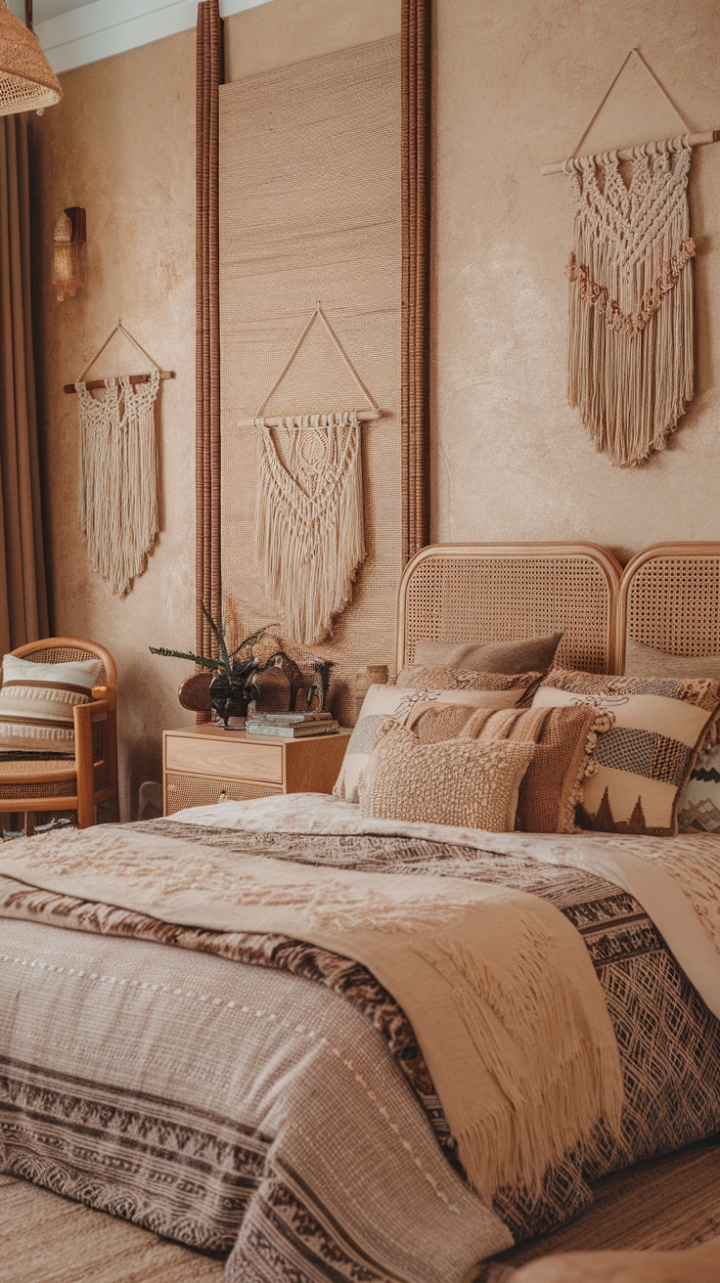 Bohemian Bedroom Haven: A Cozy Escape with Patterned Textures