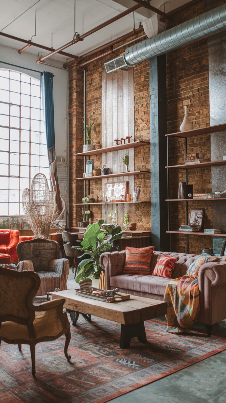 Industrial-Chic Lounge: A Cozy Blend of Textures and Vintage Charm
