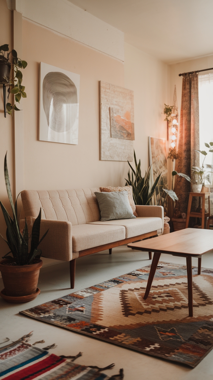 Cozy Mid-Century Retreat with Plush Sofa and Bohemian Charm