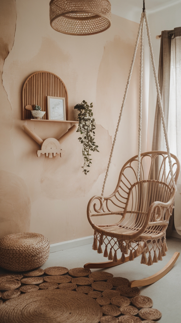 Serene Bohemian Nursery with Earthy Textures and Rattan Charm