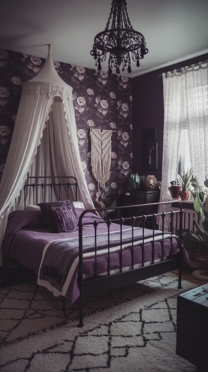Dark Romantic Bedroom Sanctuary with Deep Purple and Delicate Roses