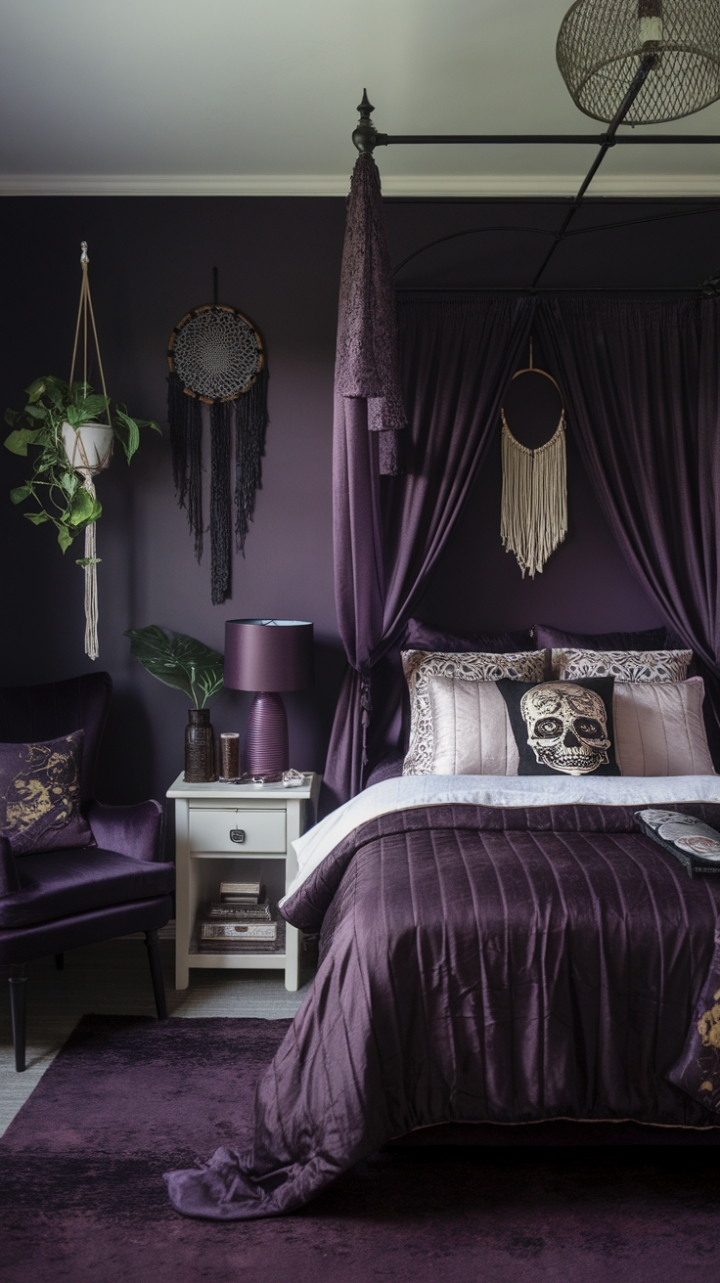 Enchanting Bohemian Retreat: A Moody Sanctuary of Purple and Gold