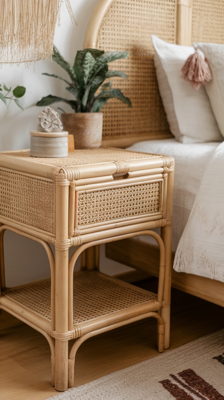 Boho Chic: Textured Rattan Nightstand for Cozy, Stylish Bedrooms