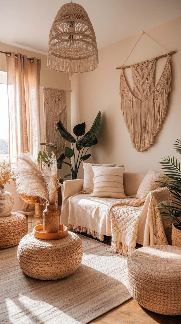 Natural Bohemian Sanctuary: A Cozy Retreat with Earthy Tones and Lush Greenery