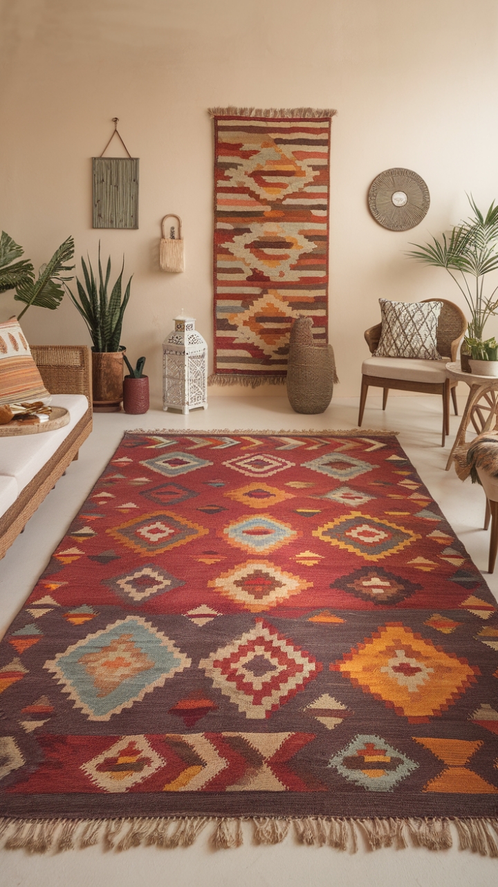 Wanderlust-Inspired Living Room with Vibrant Tribal Rug