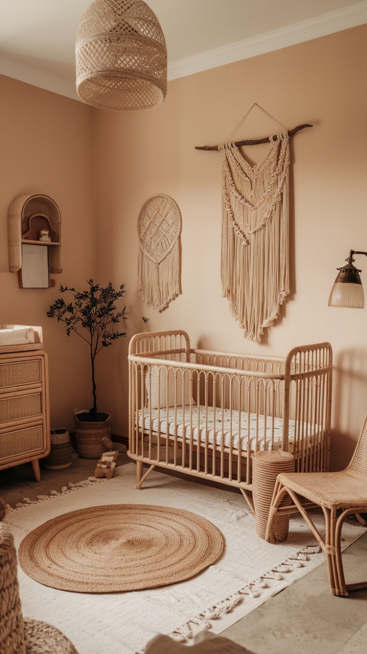 Serene Baby Sanctuary with Rattan Crib and Bohemian Touches