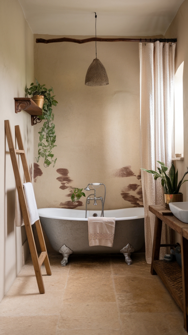 Chic Farmhouse Bathroom with Clawfoot Tub and Boho Flair