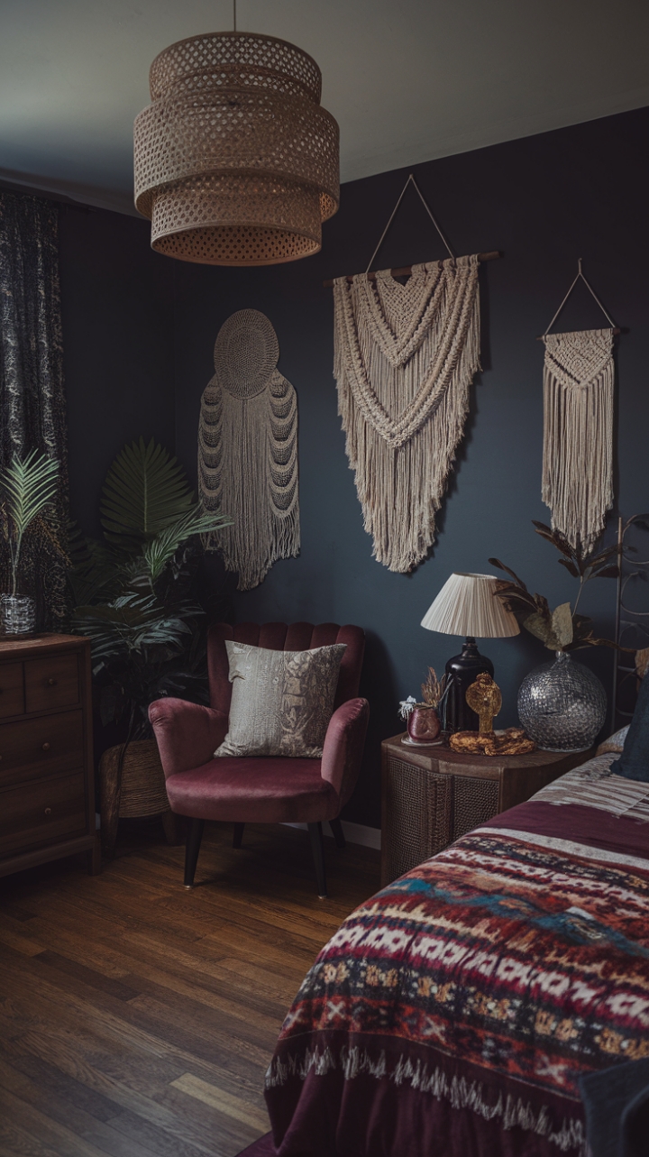 Embrace the Dark Side: Chic Boho Bedroom with Deep Blue Elegance