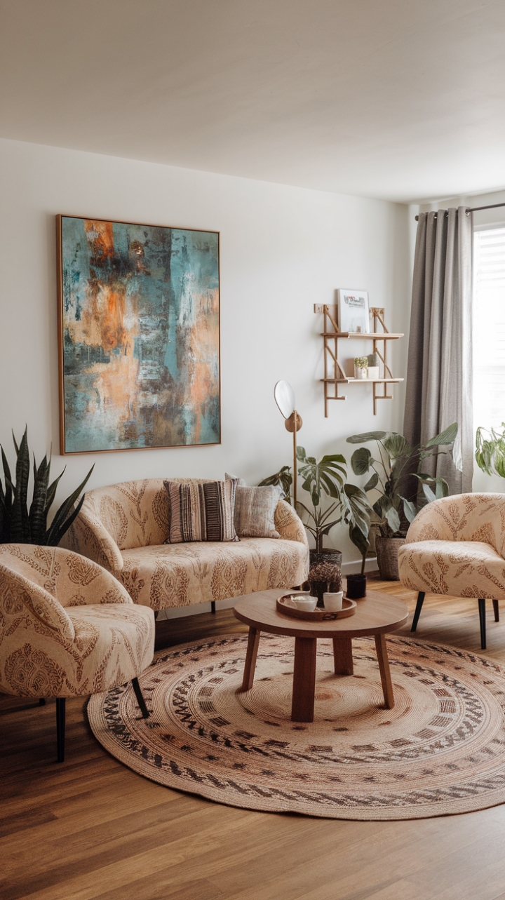 Modern Boho Oasis: Neutral Tones, Playful Patterns, and Vibrant Art