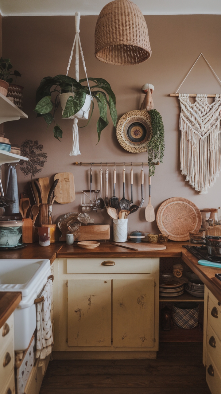 Charming Vintage Boho Kitchen with Greenery and Macrame Accents