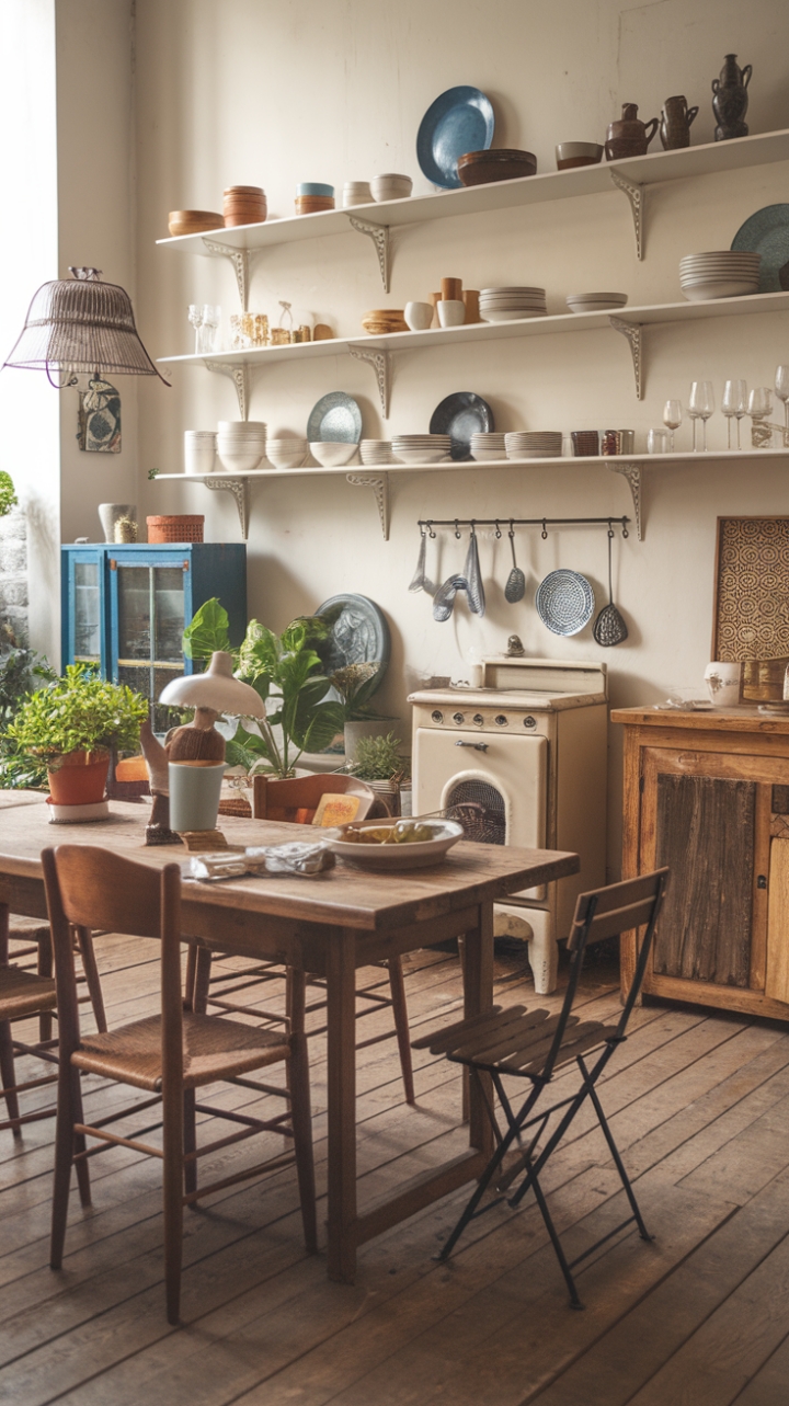 Bohemian Kitchen Charm: Vintage Style and Lush Greenery