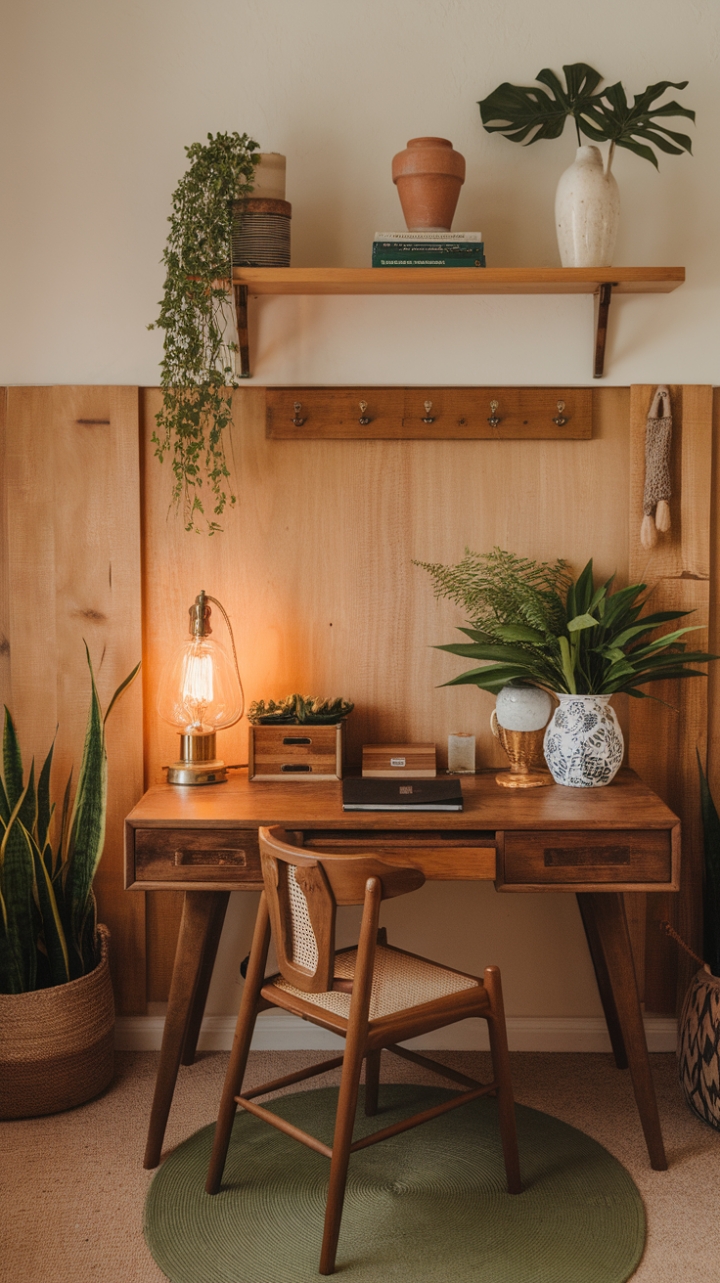 Bohemian Home Office: A Cozy Sanctuary of Natural Textures and Playful Decor