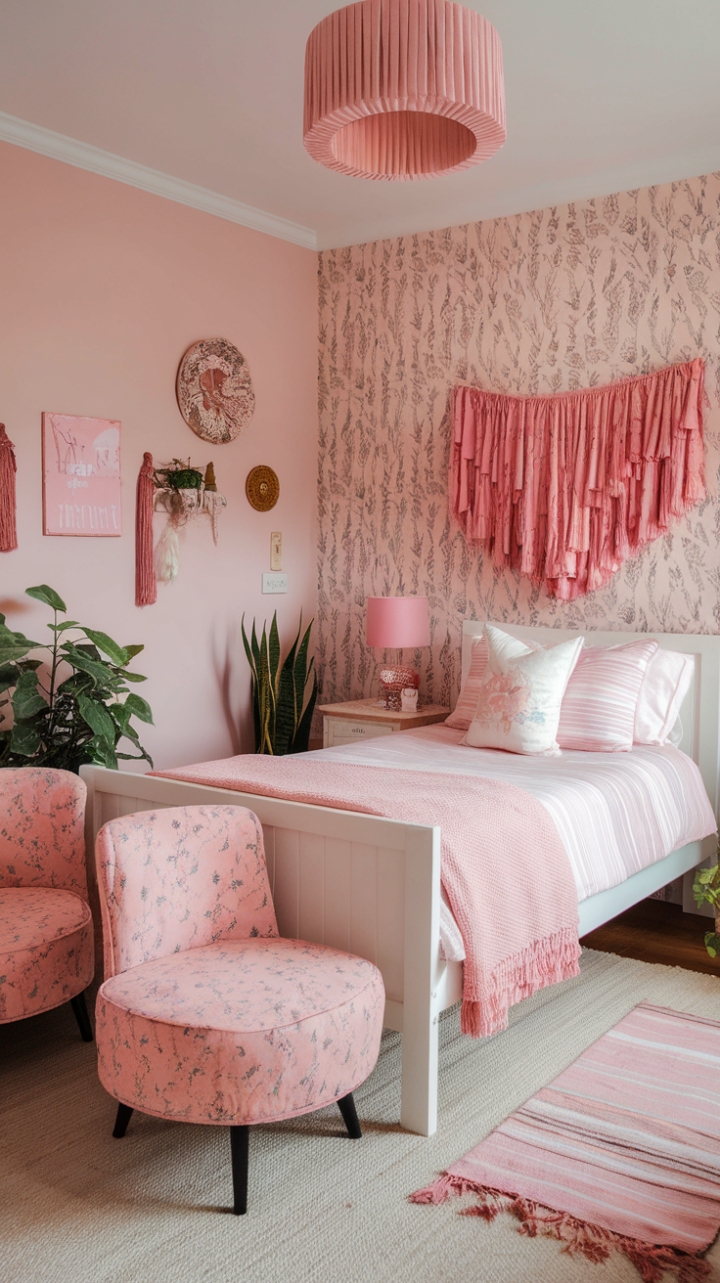 Dreamy Bedroom Retreat with Blush Pink Walls and Whimsical Floral Wallpaper