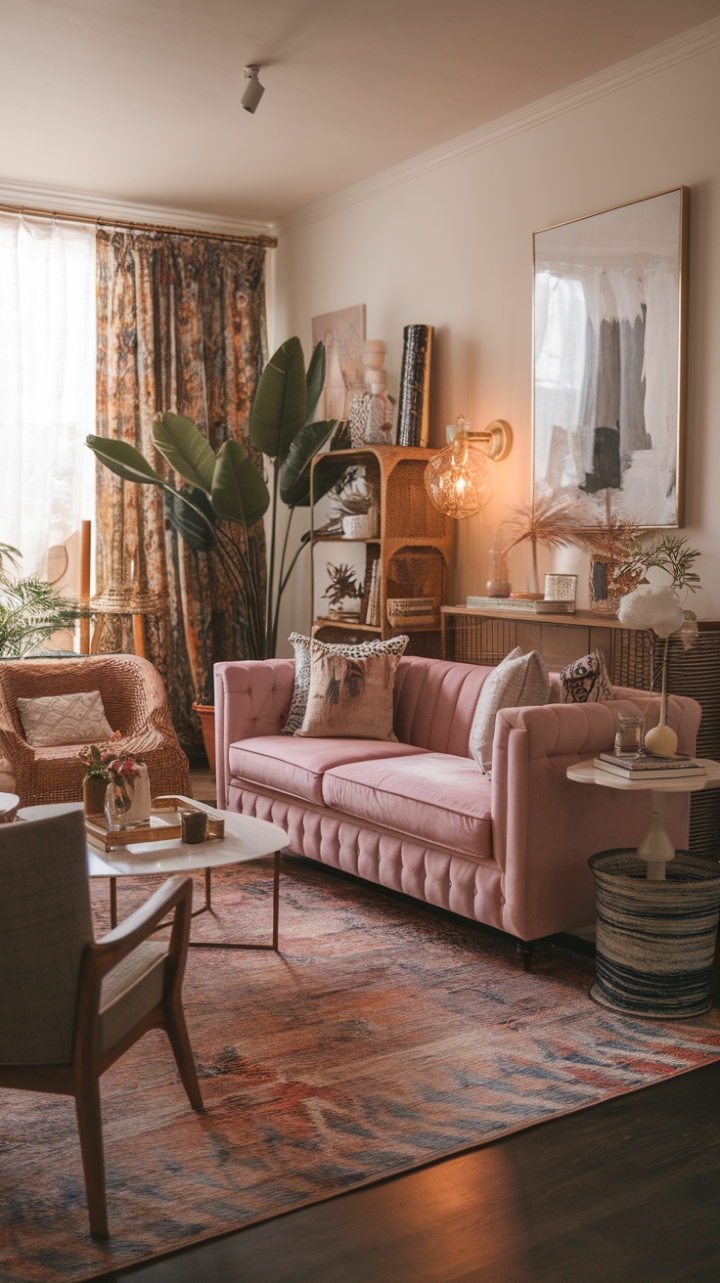Swoon-Worthy Modern Boho Oasis with a Cloud Pink Sofa