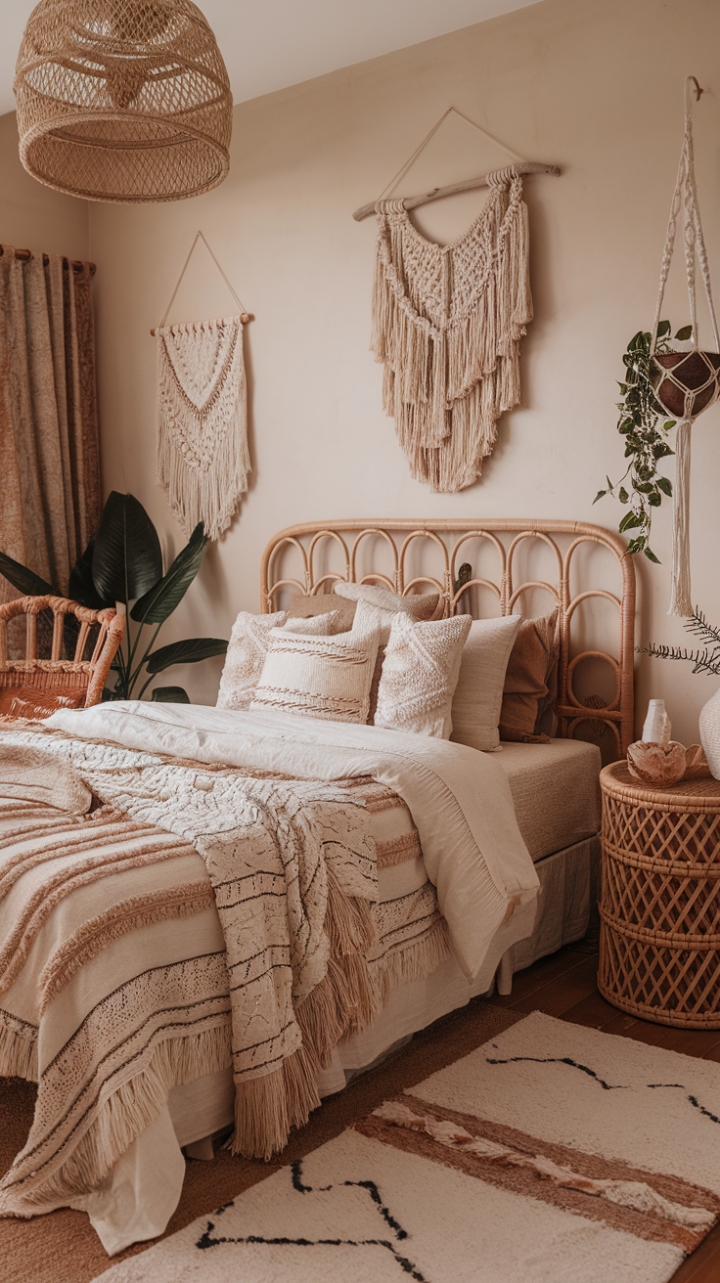 Boho Bedroom Bliss: Natural Textures and Rattan Charm