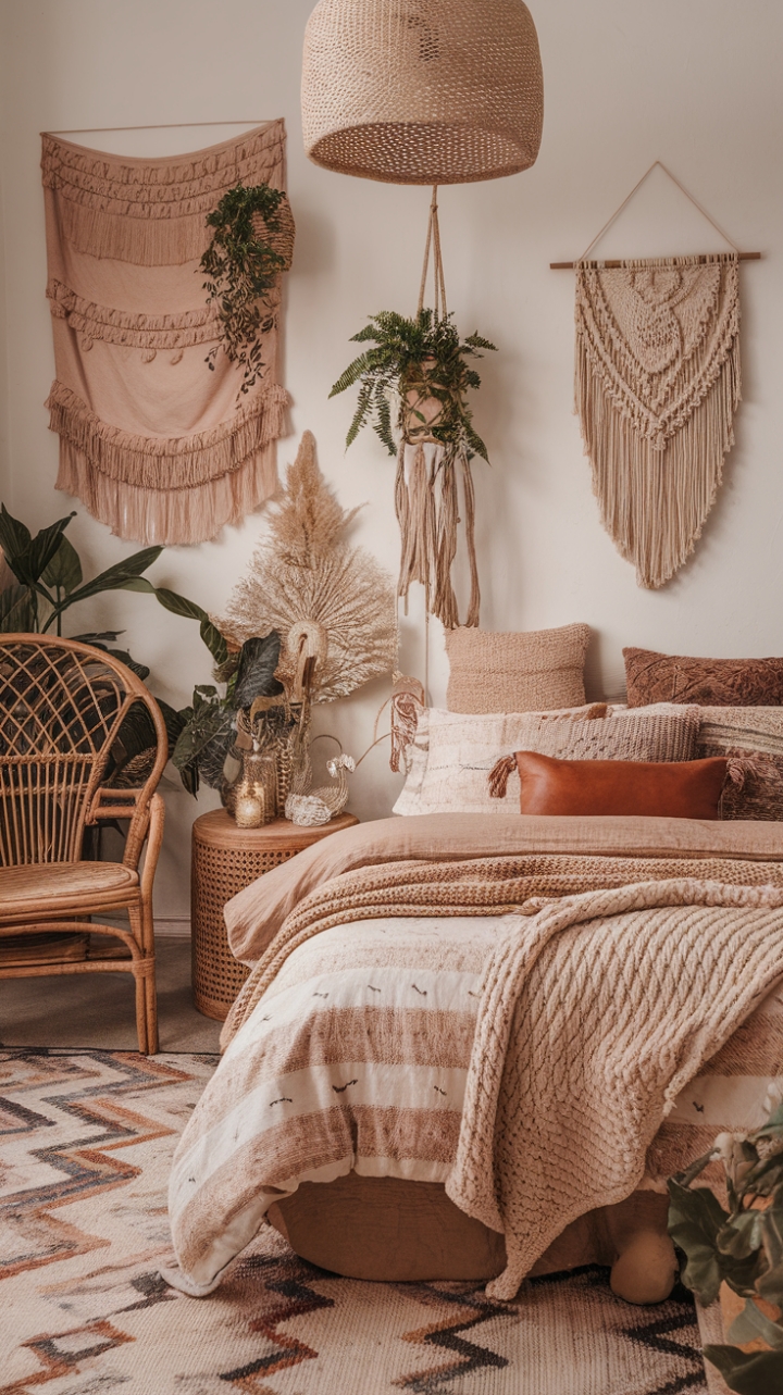 Boho Bedroom Bliss: Earthy Tones and Playful Textures